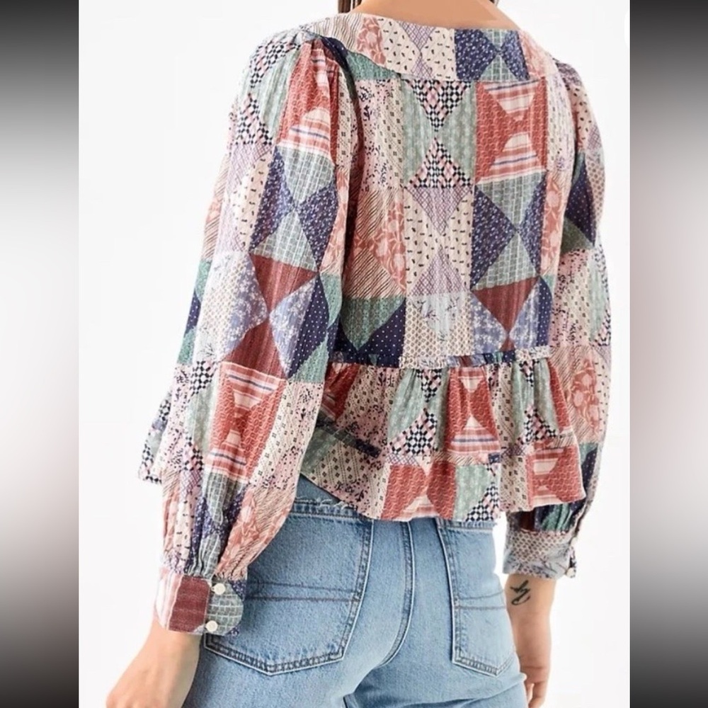 AE Cropped Patchwork Babydoll Blouse Cottagecore Milkmaid Puffed Sleeves GUC
